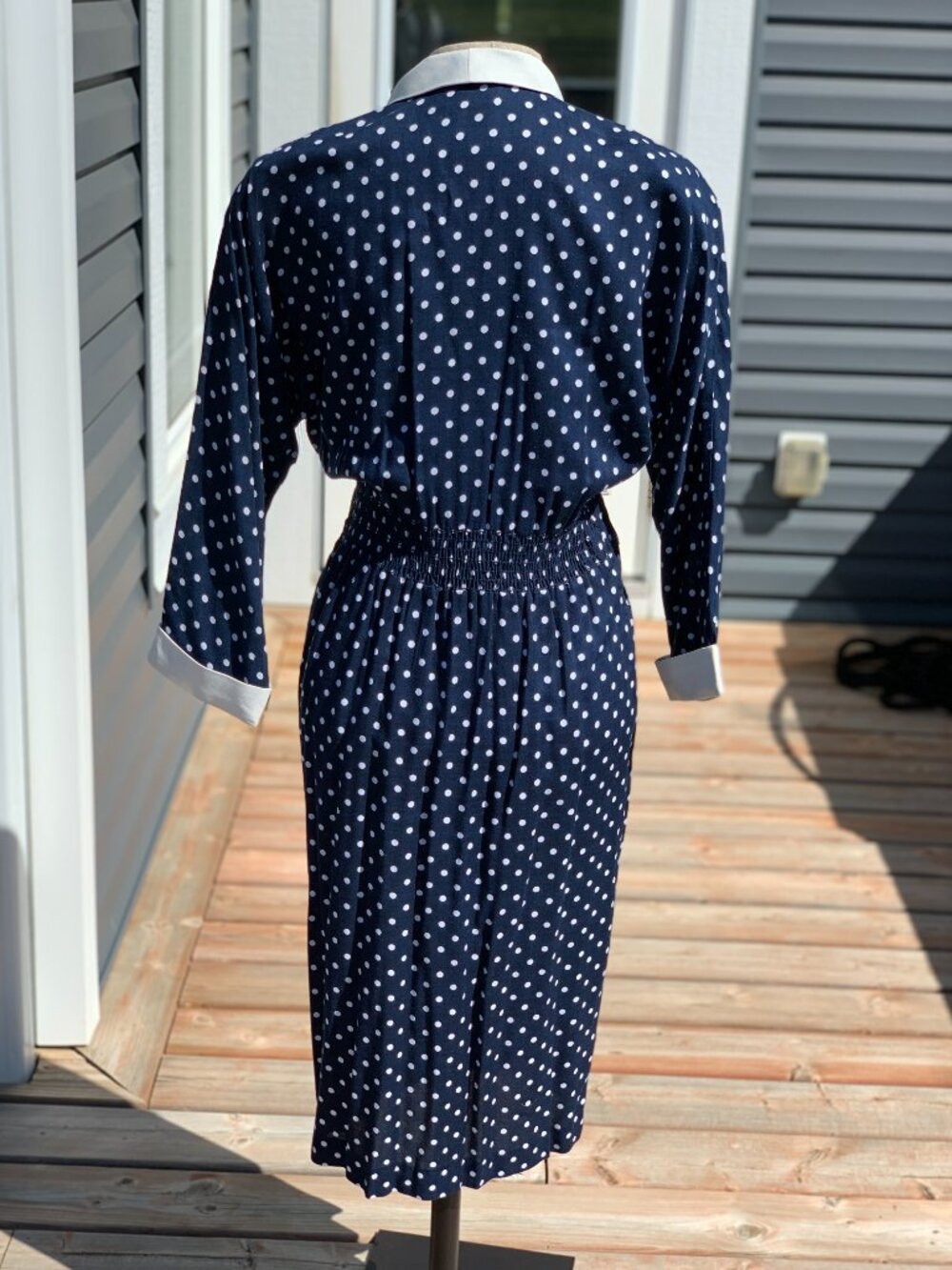 Vintage 90s Polka Dot Dress Navy White Double Breasted Modest Rockabilly Sheath - Picture 6 of 13